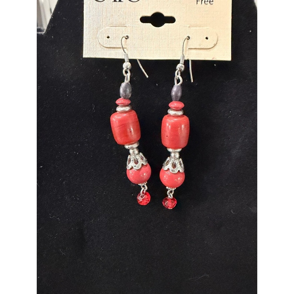 Vintage Red Beaded Dangle Earrings Silver Tone Boho Artisan Statement Glass